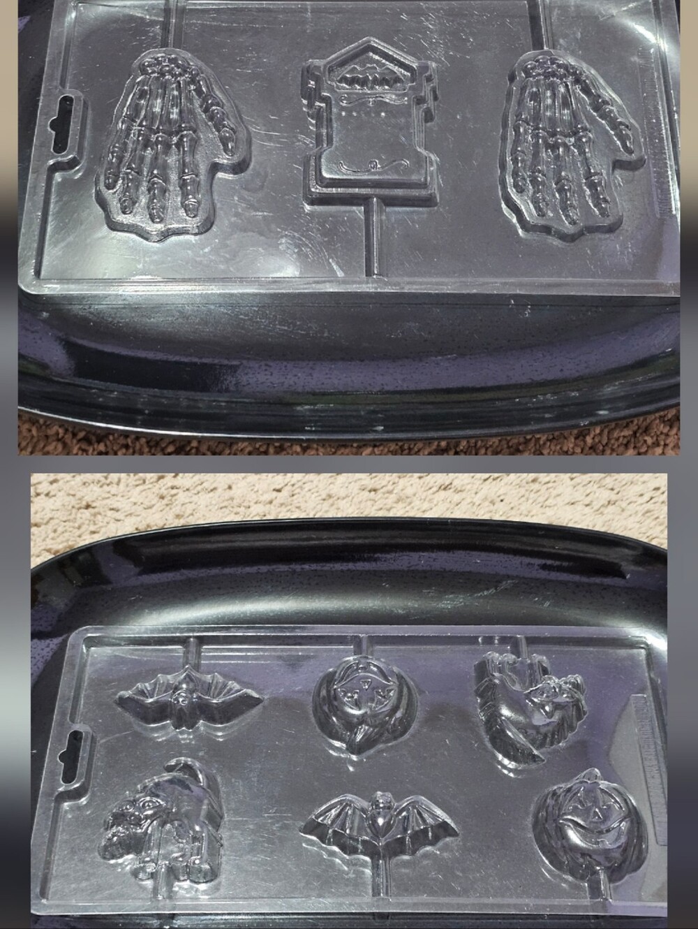 Set of 2 Halloween Candy & Chocolate Molds - Bats, Cats, Pumpkins, Skeleton Hand